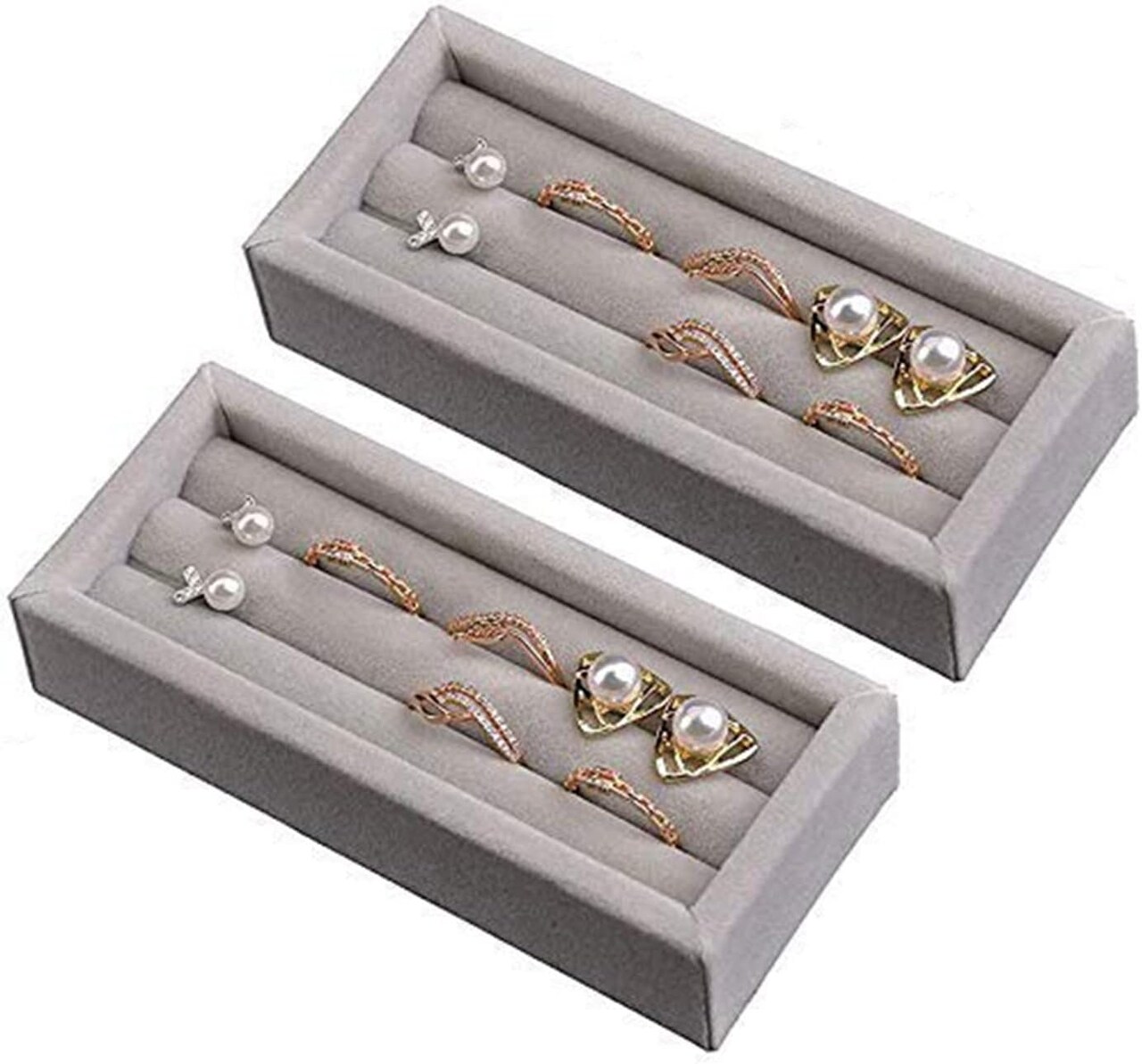 2 Slots Velvet Small Ring Organizer Set of 2 Earrings Trays Showcase Display Storage Insert Holder for Jewelry Box, Drawer, Dresser